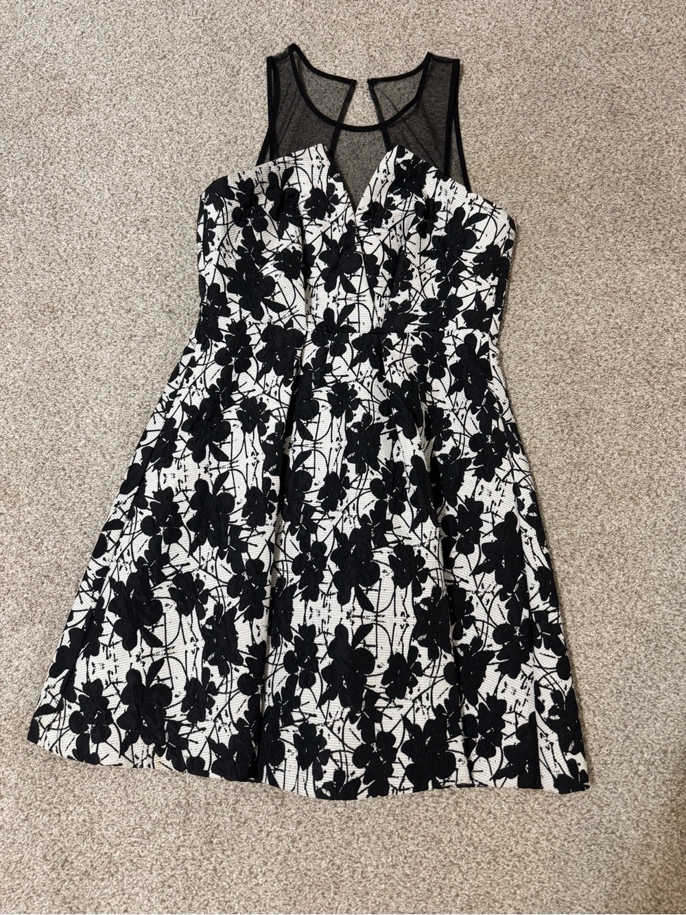 BCBGeneration Black and White Floral Mesh Fit-and-Flare Mini Dress